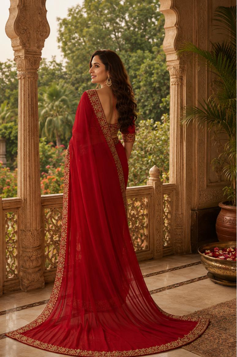 Georgette Embroidery Sequins Zari Work Saree With Unstitched Blouse(red) image 3
