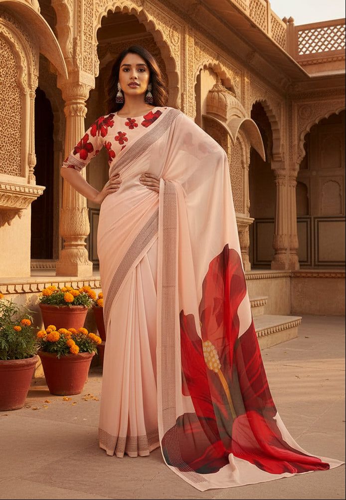 Georgette Digital Print Saree With Unstitched Blouse(cream) image 3