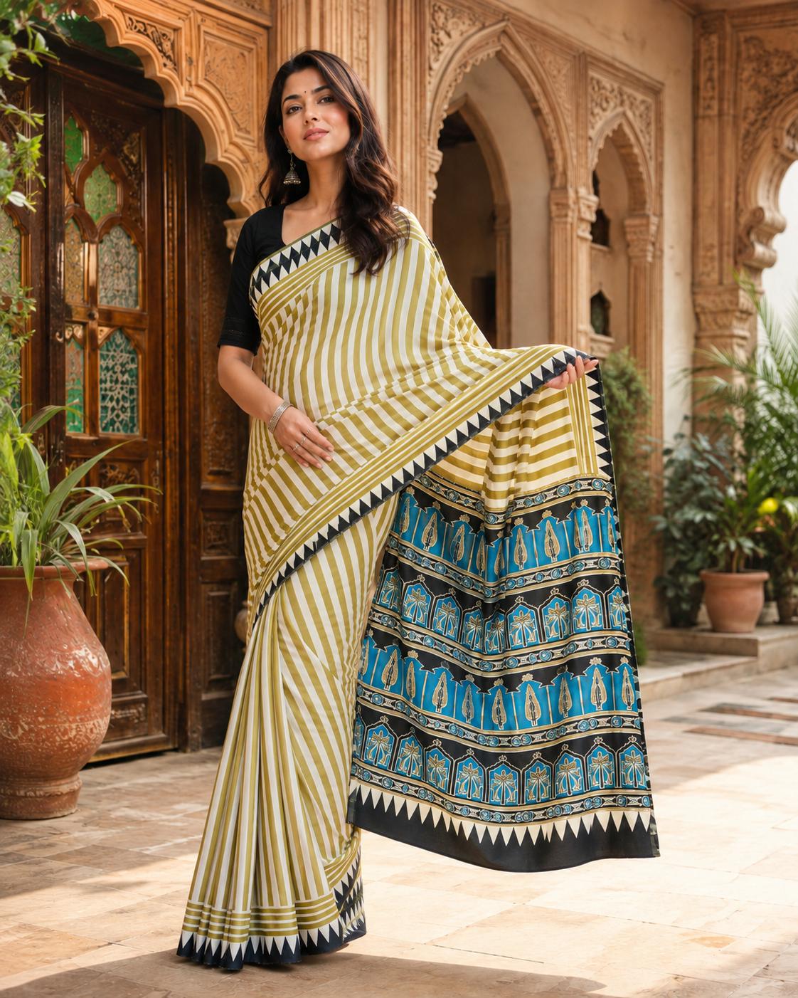 Satin Silk Ajrakh Printed Saree With Unstitched Blouse(blue) image 3