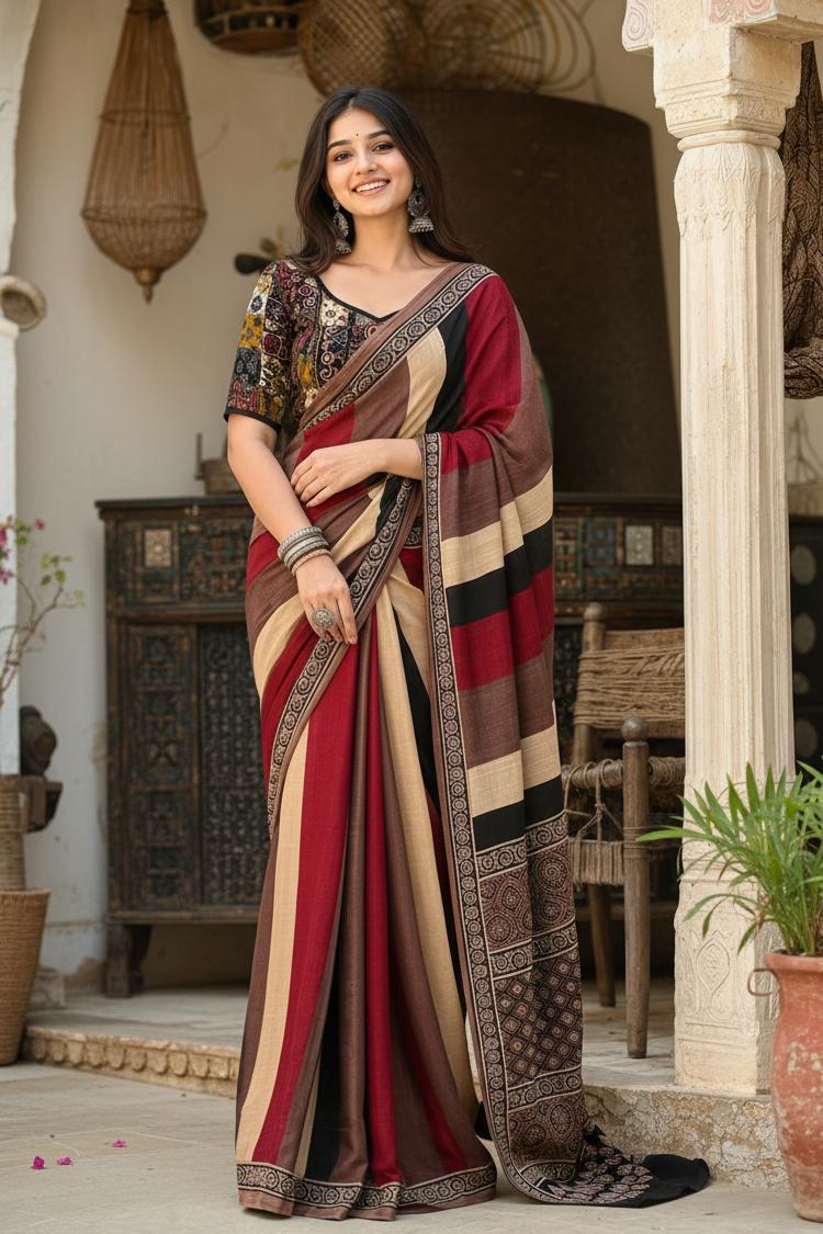 Muslin Silk Ajrakh Printed Saree With Unstitched Blouse(maroon) image 3
