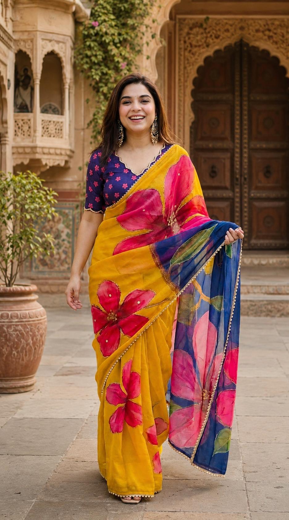 Georgette Digital Printed Saree With Unstitched Blouse(yellow) image 3
