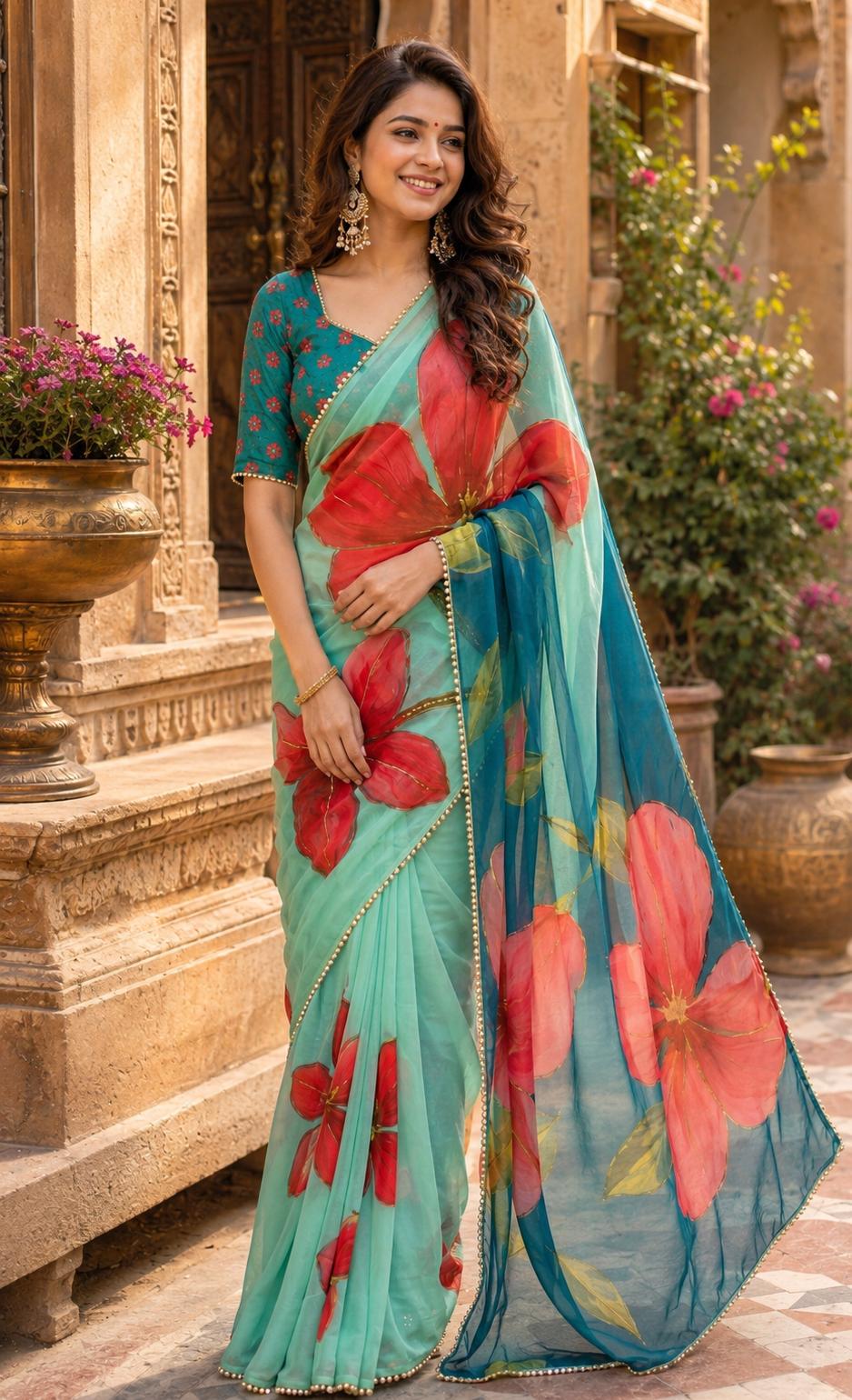 Georgette Digital Printed Saree With Unstitched Blouse(teal) image 3