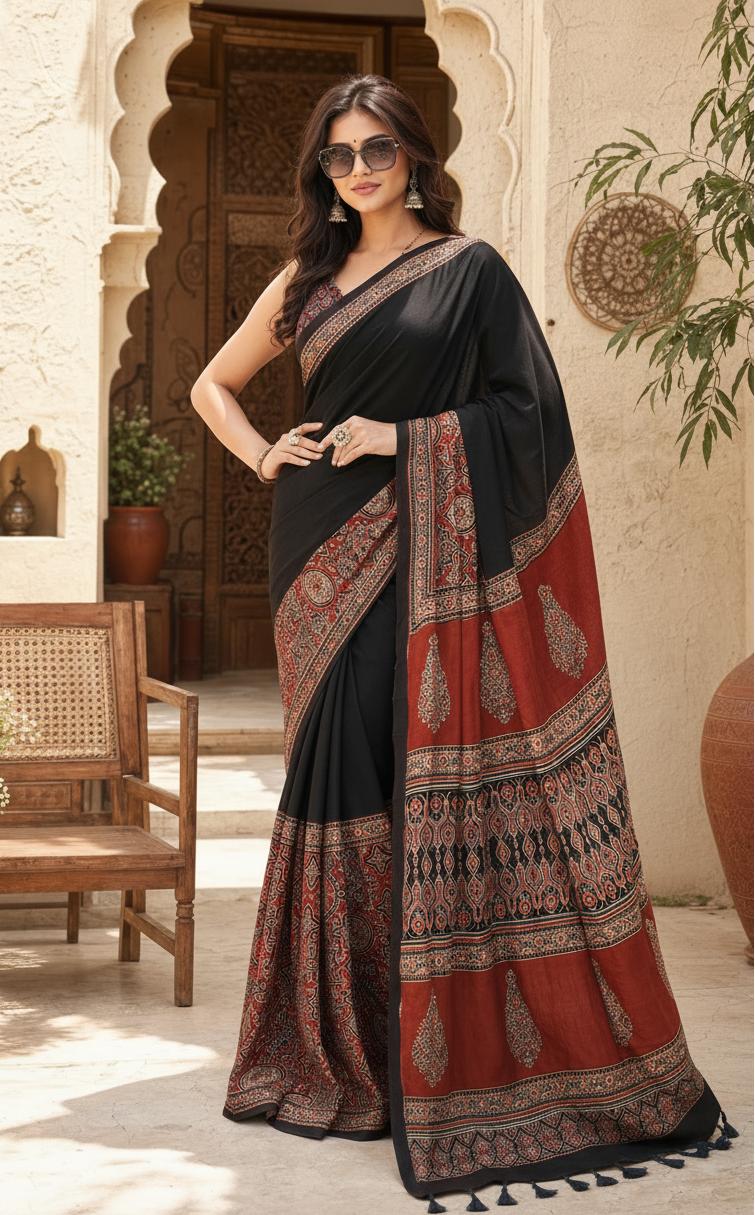 Premium Gajji Silk Ajrakh Printed Saree With Unstitched Blouse(red) image 3