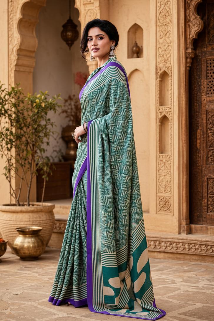 Premium Satin Silk Printed Saree With Unstitched Blouse(green) image 3