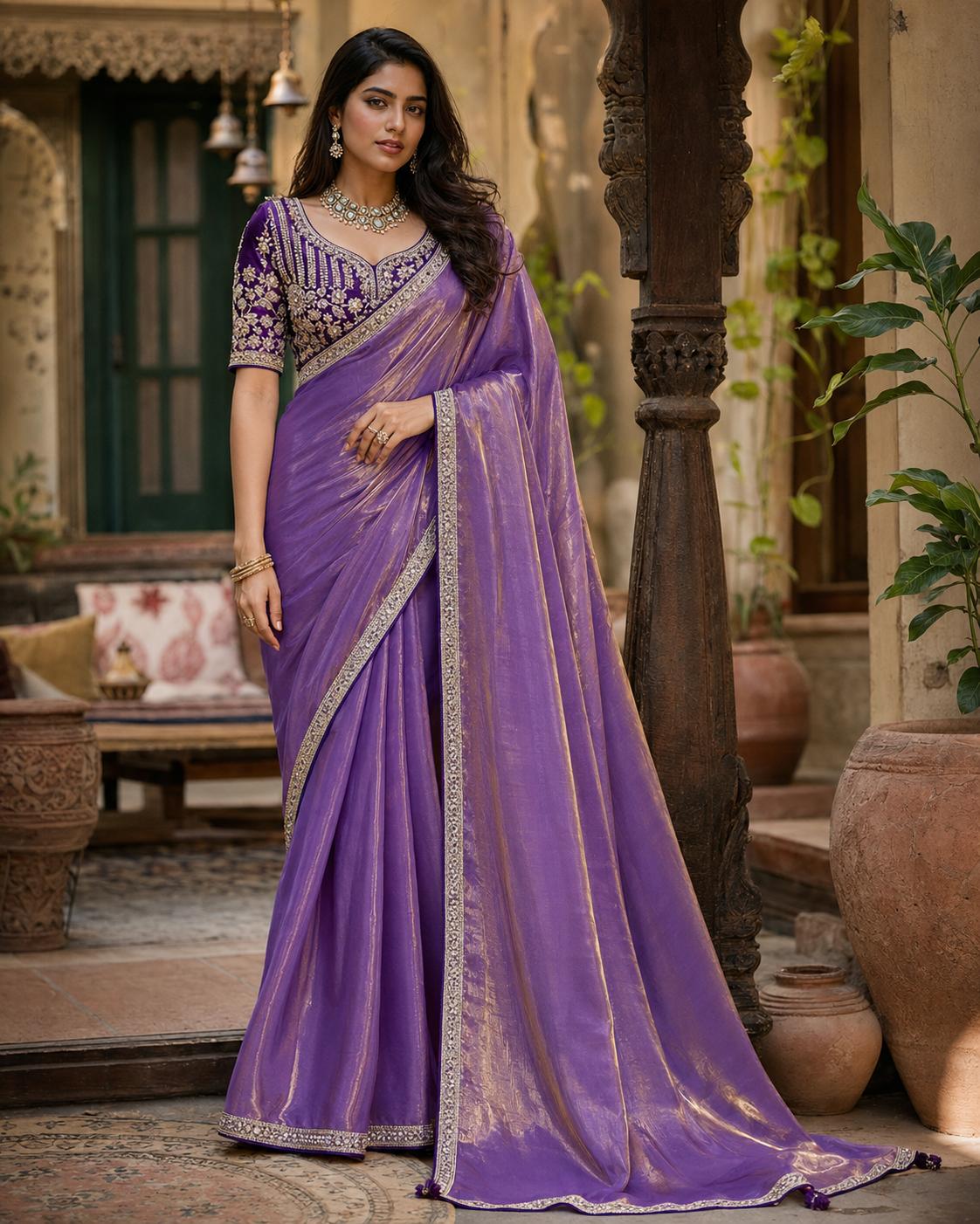 Premium Velvet Satin Party Wear Saree With Unstitched Blouse(purple) image 3