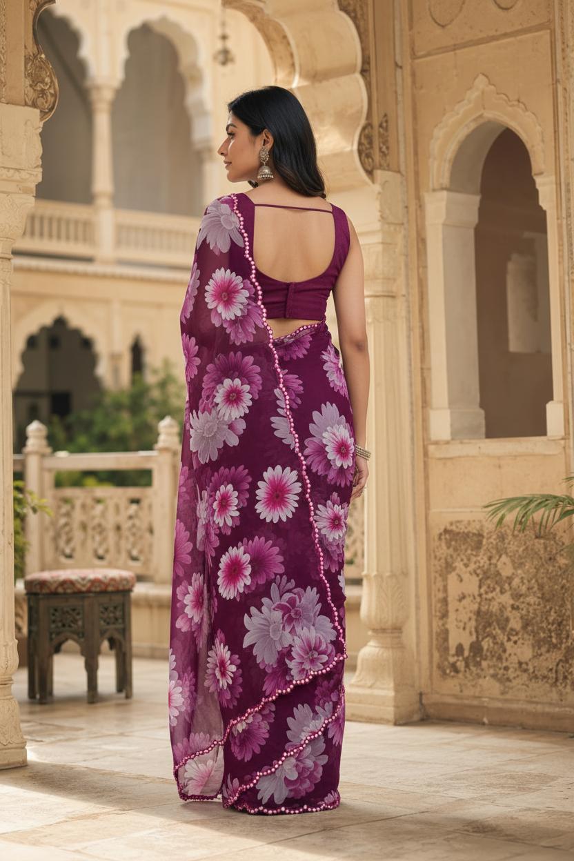 Georgette Floral Printed Saree With Unstitched Blouse(wine) image 3