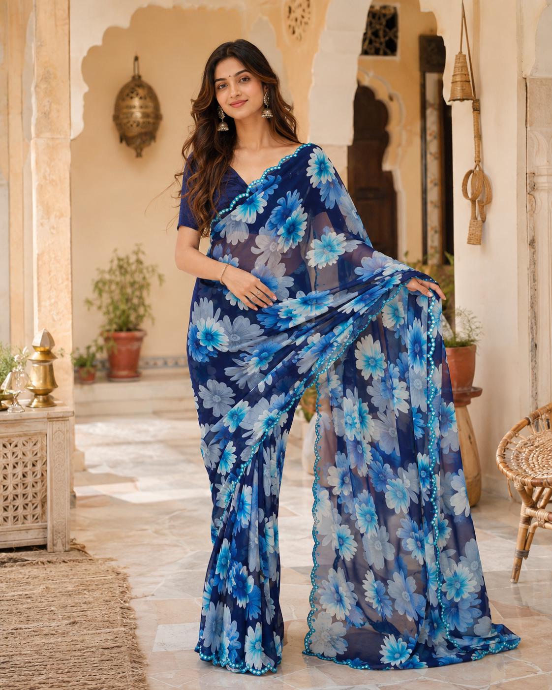 Georgette Floral Printed Saree With Unstitched Blouse(blue) image 3