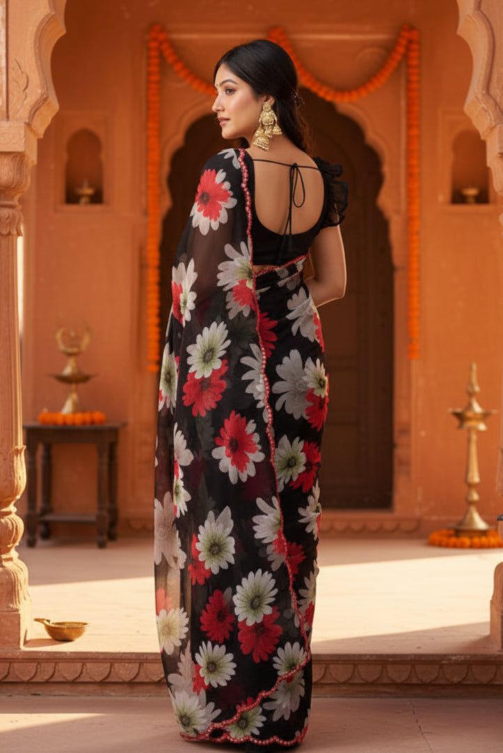 Georgette Floral Printed Saree With Unstitched Blouse(black) image 3