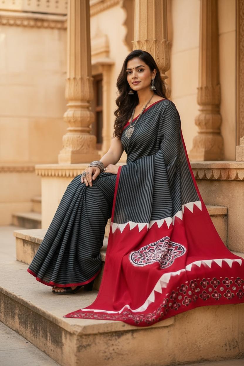 Gaji Silk Ajrakh Printed Saree With Unstitched Blouse(red) image 3