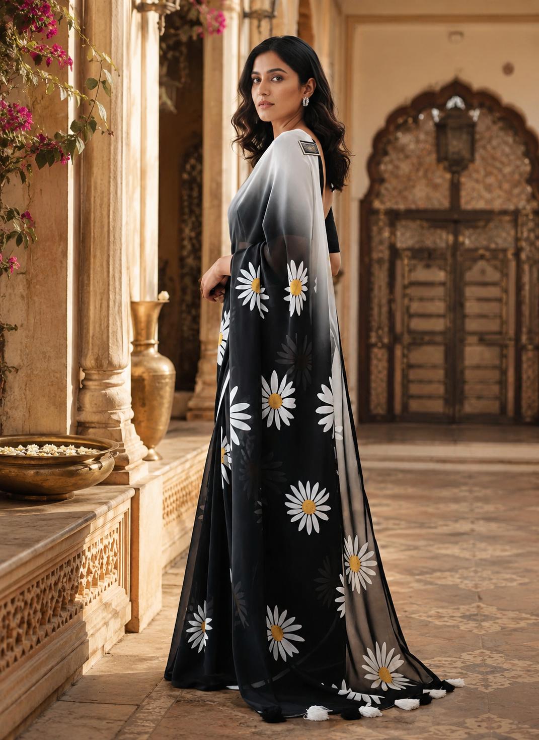 Blooming Georgette Floral Printed Saree With Unstitched Blouse(black) image 3