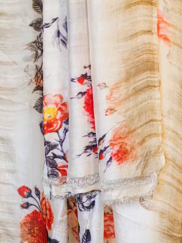 The Gold Weave Digital Floral Silk Saree Cream Colour