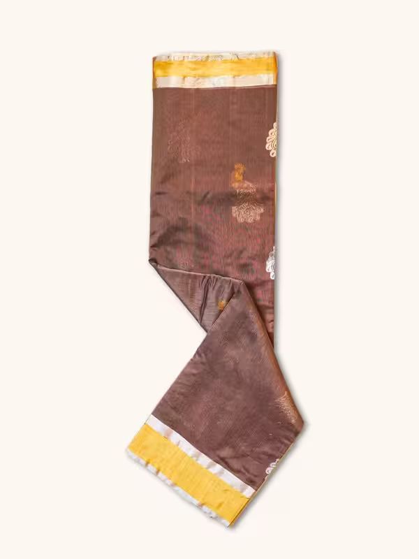The Gold Weave Permium Chanderi Silk Saree - Brown Colour And Golden Border With Peacock Print.