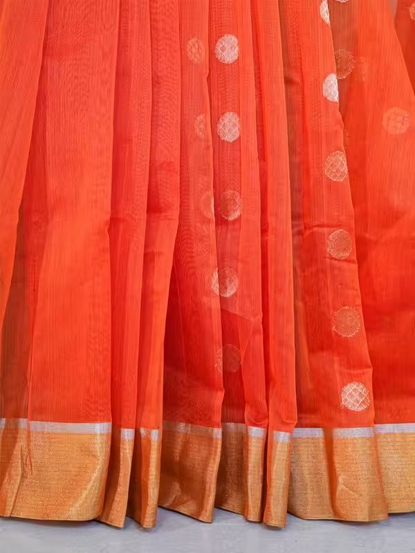 The Gold Weave Chanderi Silk Sarees - Orange Colour With Golden Brown Border