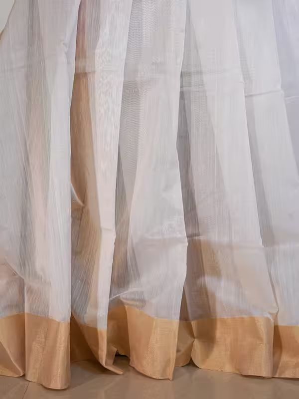 The Gold Weave Chanderi Silk Sarees - White Colour With Golden Stripes And Golden Borders