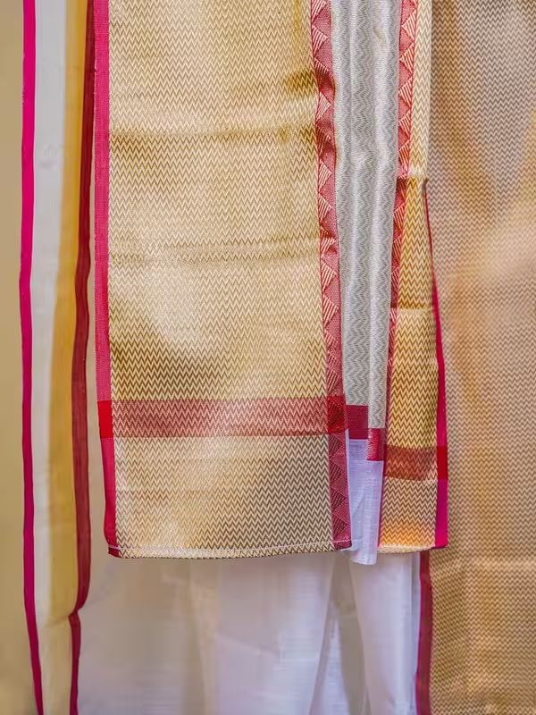The Gold Weave Chanderi Silk Sarees - Beige And White Colour With Golden Borders