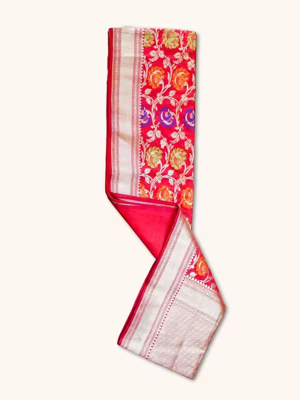 The Gold Weave Printed Banarasi Silk Sarees - Red Colour With Golden Borders
