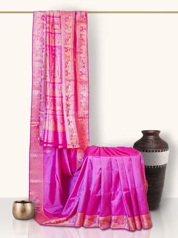 The Gold Weave Balucheri Silk Sarees - Pink Colour With Golden Work