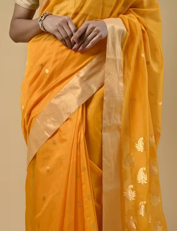 Mustard Yellow Chanderi Saree With Jacquard Motifs
