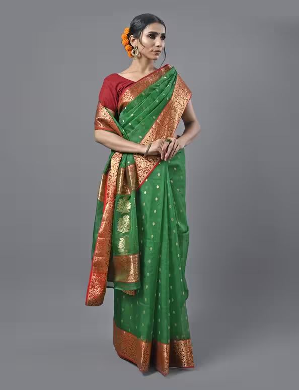 Leaf Green Chanderi Saree - Shopdibz