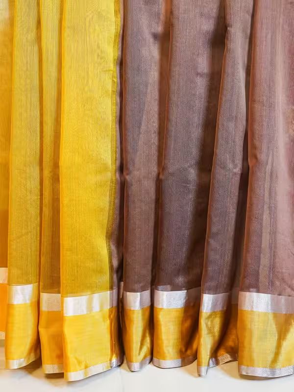 The Gold Weave Permium Chanderi Silk Saree - Brown Colour And Golden Border With Peacock Print. image 3