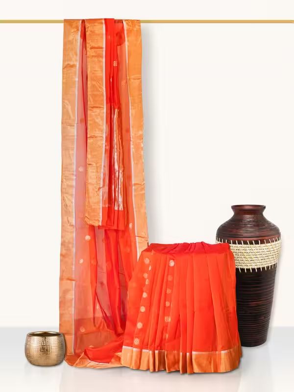 The Gold Weave Chanderi Silk Sarees - Orange Colour With Golden Brown Border