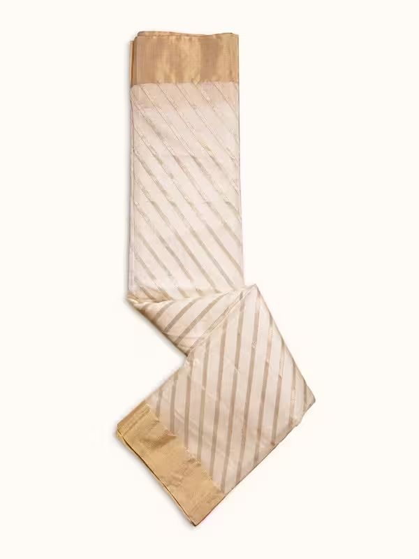 The Gold Weave Chanderi Silk Sarees - White Colour With Golden Stripes And Golden Borders image 3