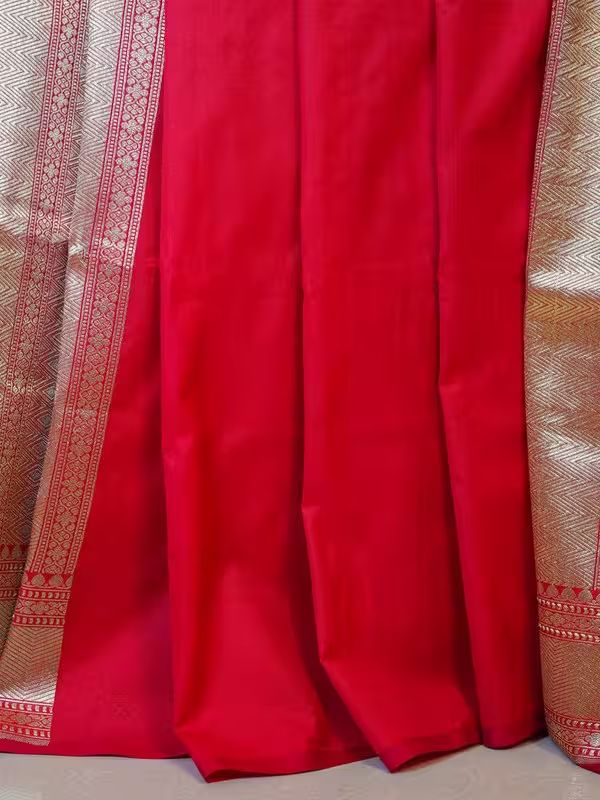 The Gold Weave Printed Banarasi Silk Sarees - Red Colour With Golden Borders image 3