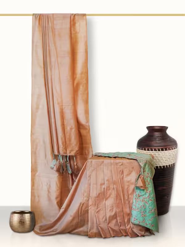 The Gold Weave Chanderi Silk Sarees - Peach Colour With Brownish And Greenish Tassels
