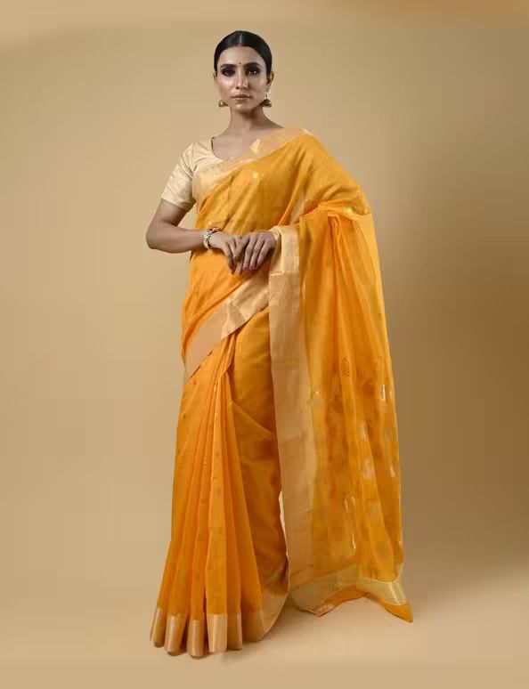 Mustard Yellow Chanderi Saree With Jacquard Motifs