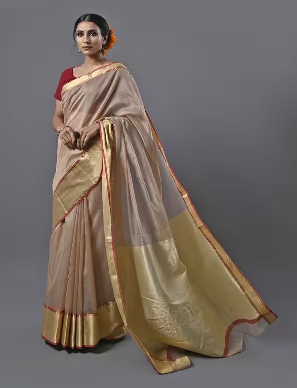 Beige Chanderi Saree With Gold Border And Red Highlights image 2