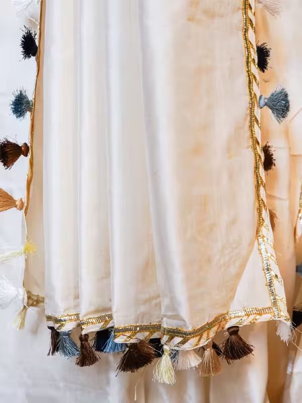 The Gold Weave Designer Silk Sarees - Cream Colour With Multiclour Tassels image 3