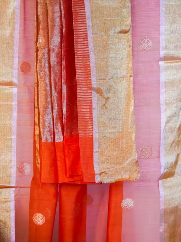 The Gold Weave Chanderi Silk Sarees - Orange Colour With Golden Brown Border image 3