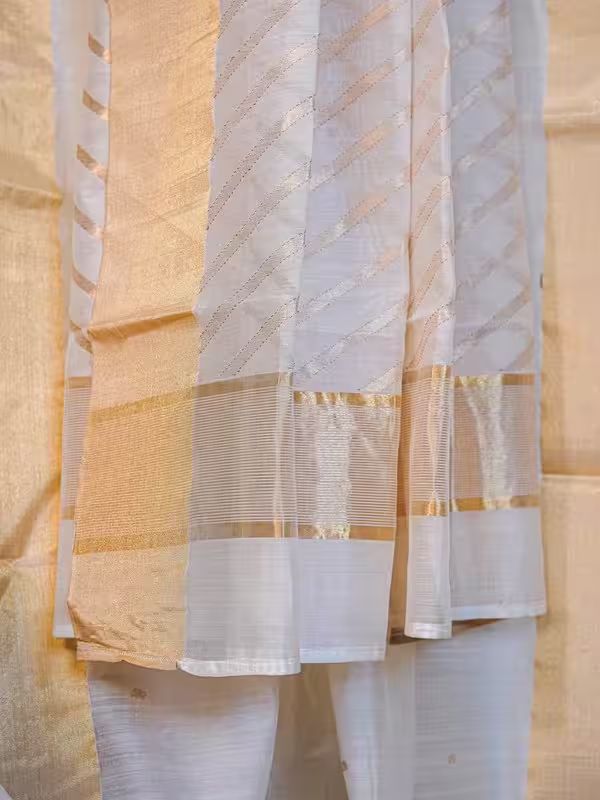 The Gold Weave Chanderi Silk Sarees - White Colour With Golden Stripes And Golden Borders image 4