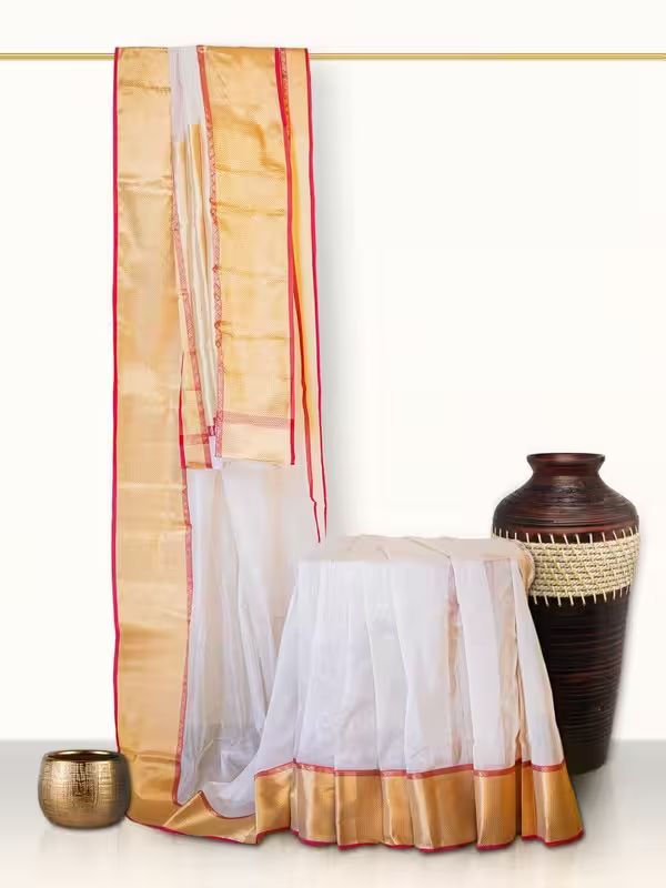 The Gold Weave Chanderi Silk Sarees - Beige And White Colour With Golden Borders