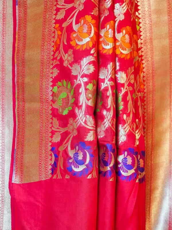 The Gold Weave Printed Banarasi Silk Sarees - Red Colour With Golden Borders image 4