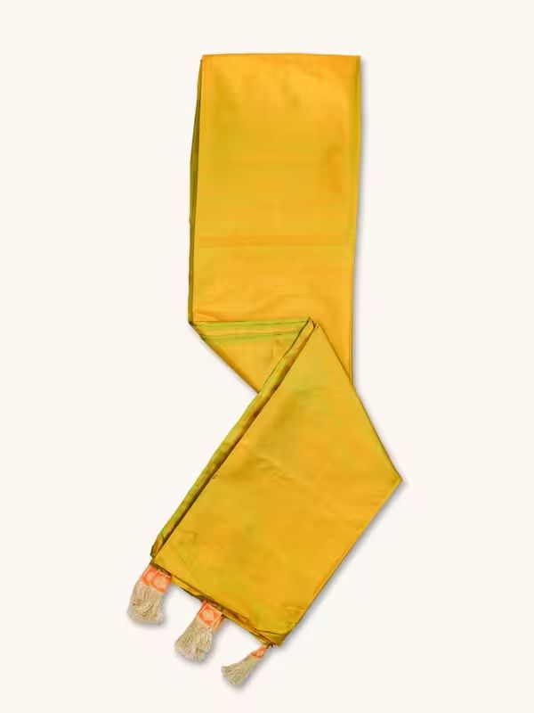 The Gold Weave Designer Silk Sarees - Golden Green With Orange Tassels image 3