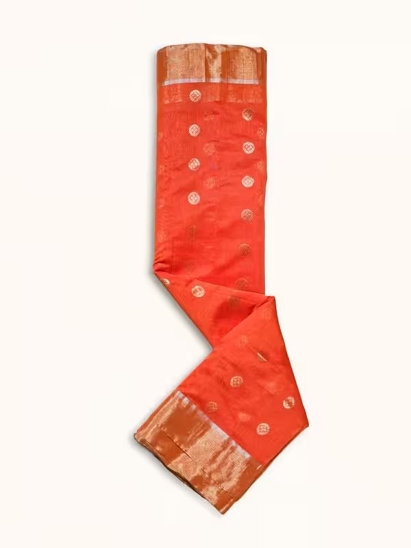 The Gold Weave Chanderi Silk Sarees - Orange Colour With Golden Brown Border image 4