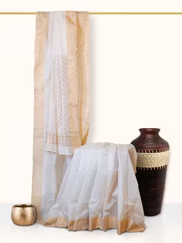The Gold Weave Chanderi Silk Sarees - White Colour With Golden Stripes And Golden Borders