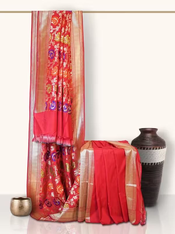The Gold Weave Printed Banarasi Silk Sarees - Red Colour With Golden Borders