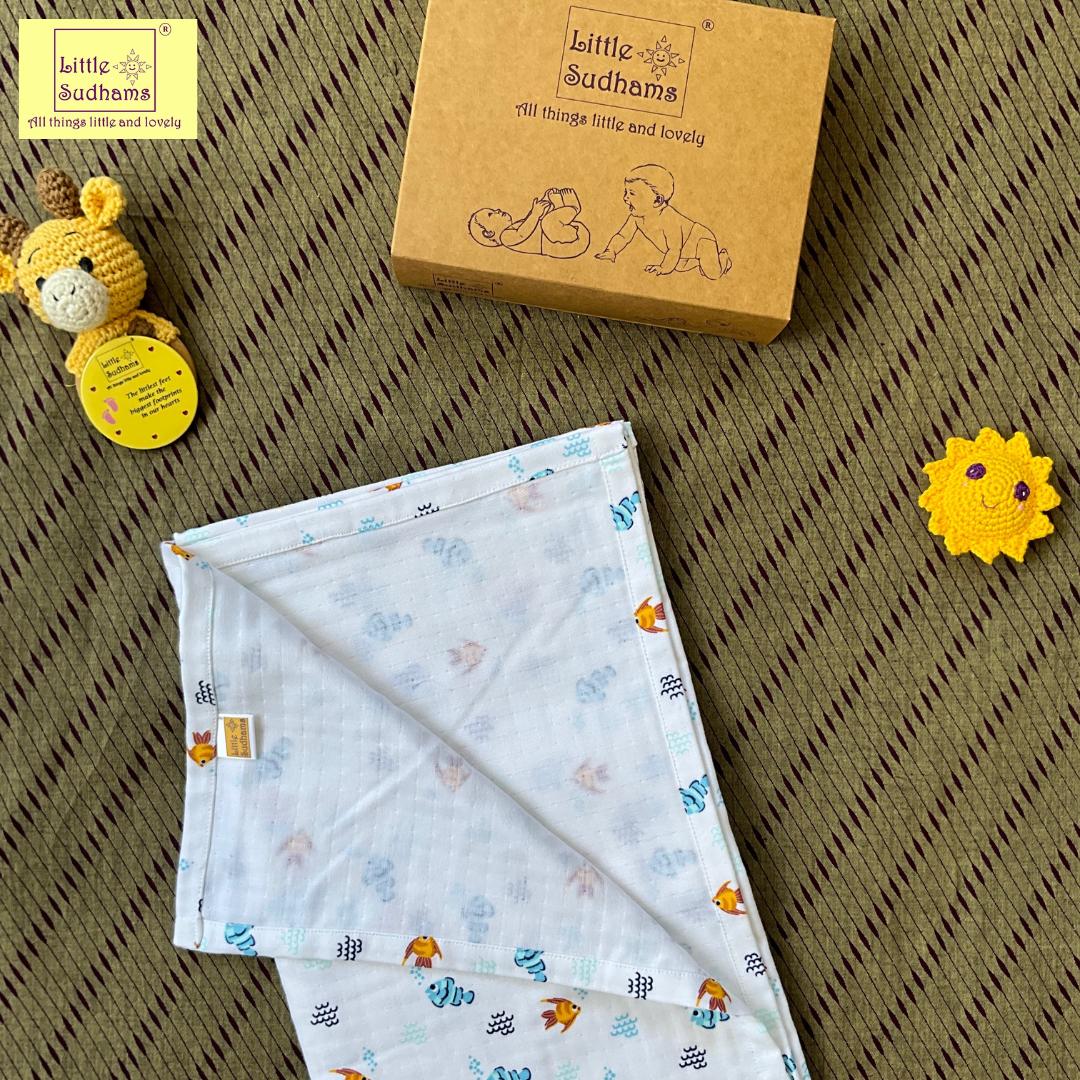 4-LAYERED Muslin Cotton Baby Swaddle Blanket - Fishes & Bubbles, 100CM X 100CM image 2