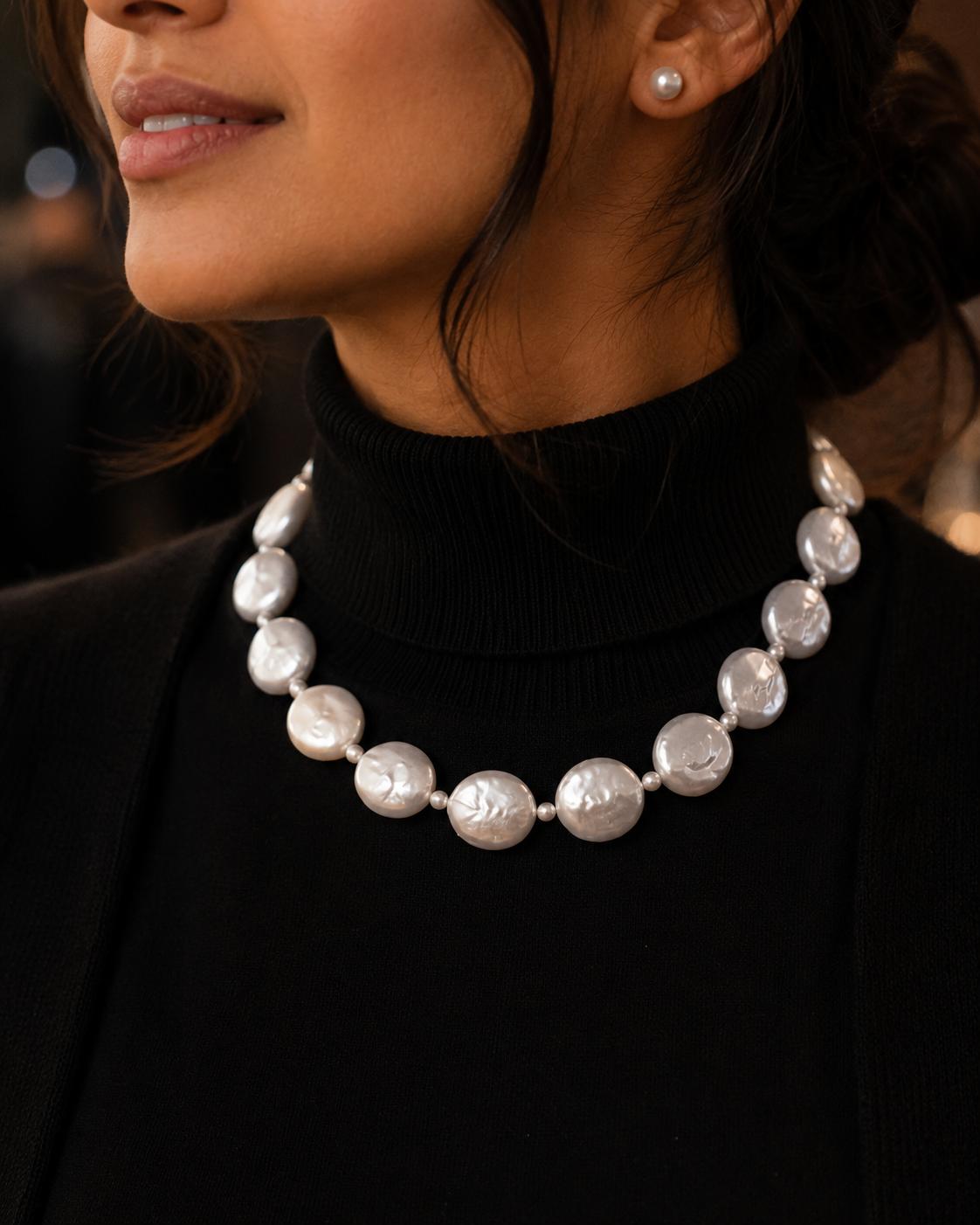Large Freshwater Pearl Necklace, Statement Coin Pearl Necklace, Genuine Baroque Pearl Jewelry, Handmade Bridal Necklace, Wedding Gift For Her image 3