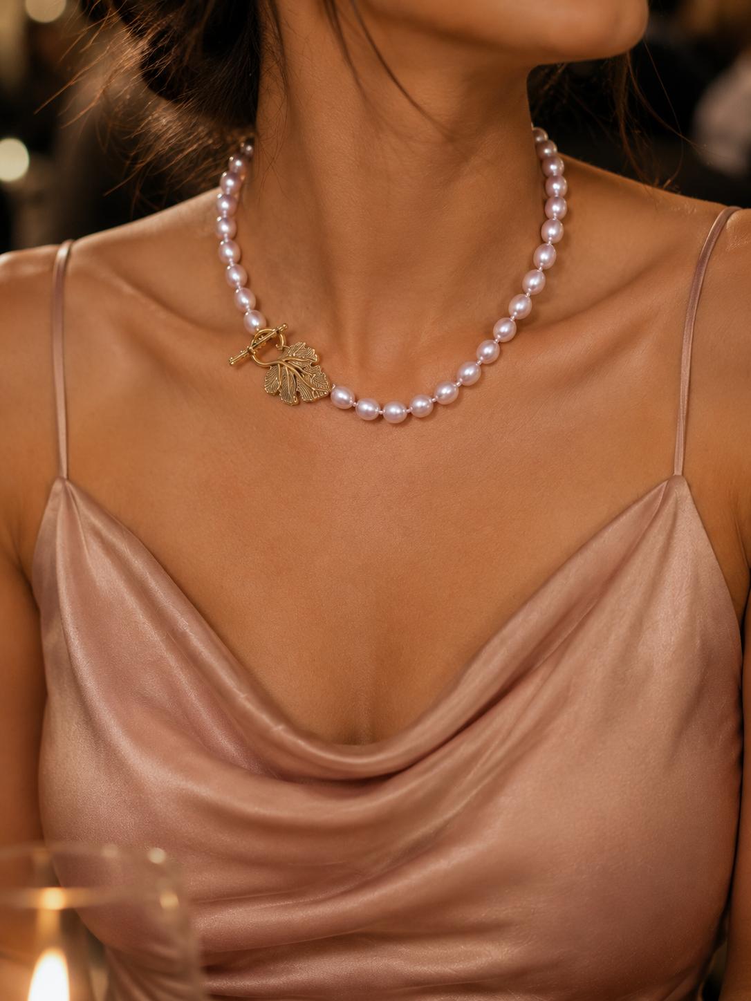 Pink Freshwater Pearl Necklace, Baroque Pearl Statement Necklace, Gold Leaf Toggle Clasp, Genuine Pearl Jewelry, Bridal Wedding Gift For Her image 3