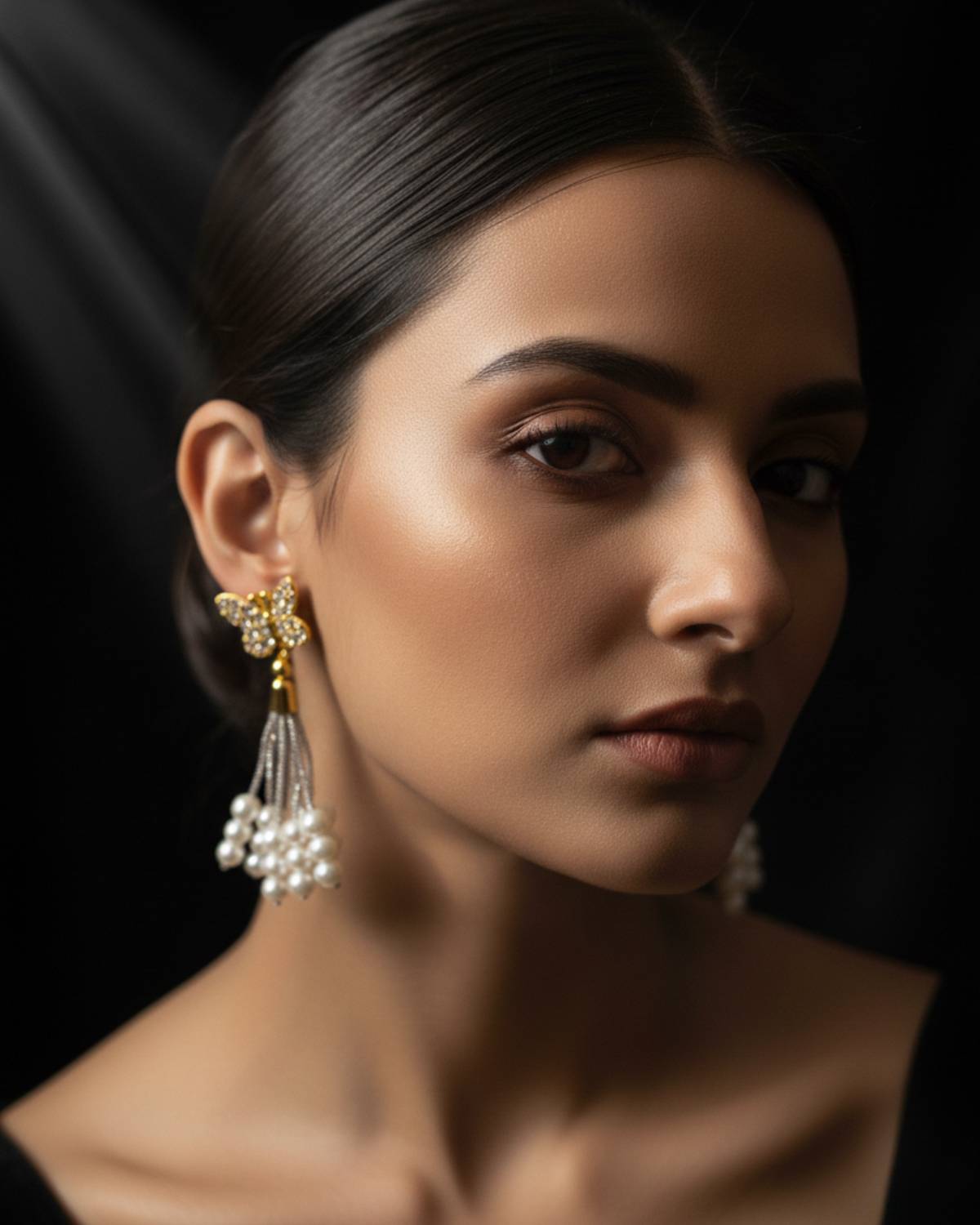 Crystal Butterfly Statement Earrings With Pearl Tassels