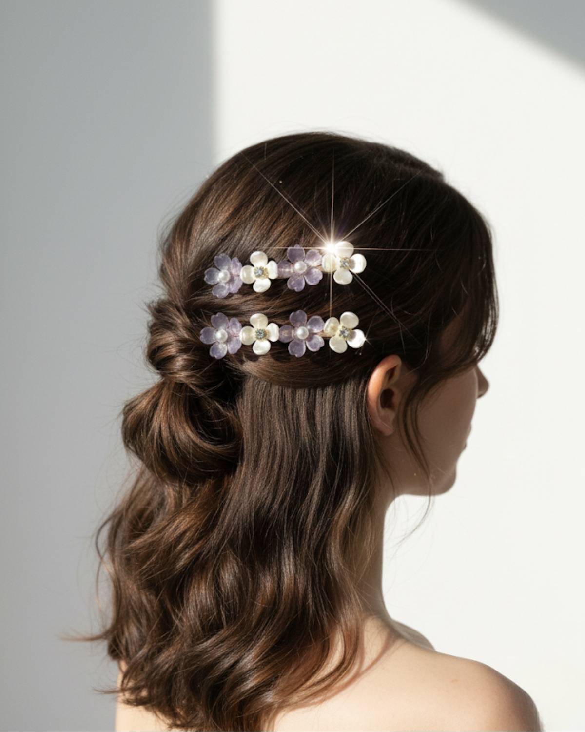 Elegant Floral Pearl And Crystal Hair Clips - Set Of 2 Lavender & White Resin Flower Barrettes For Women