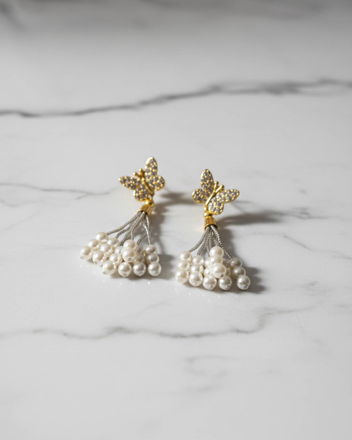 Crystal Butterfly Statement Earrings With Pearl Tassels image 2