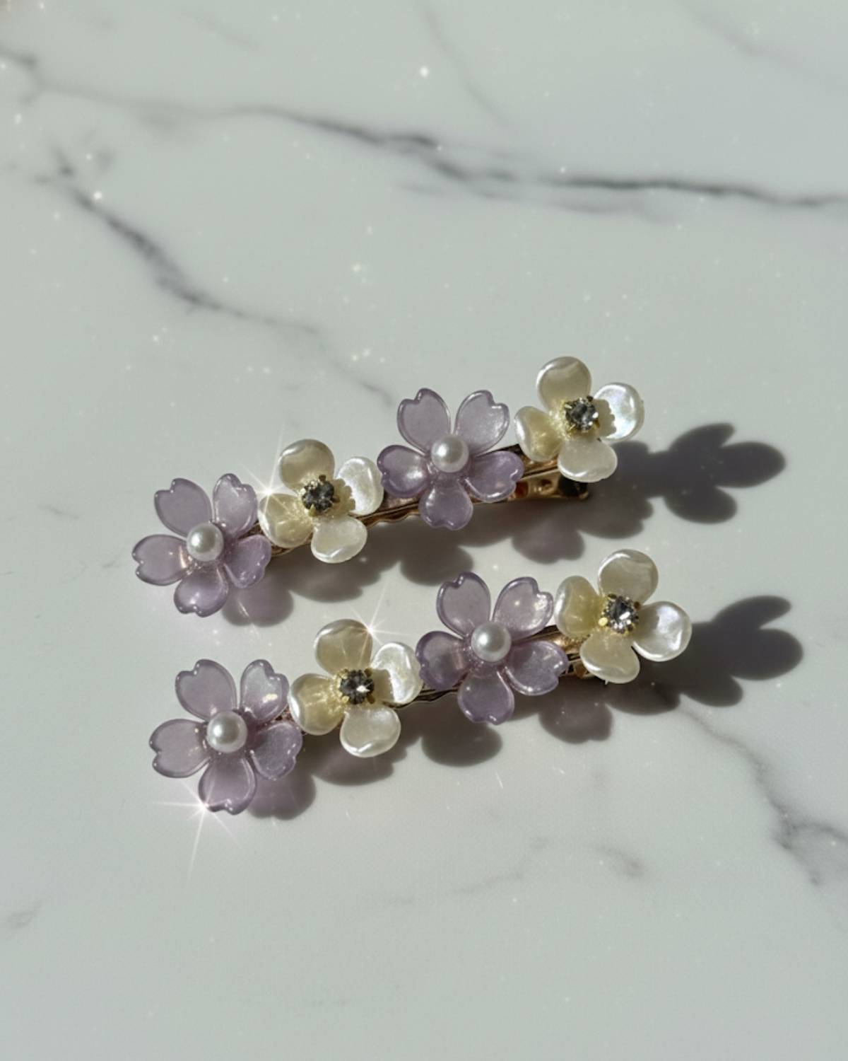 Elegant Floral Pearl And Crystal Hair Clips - Set Of 2 Lavender & White Resin Flower Barrettes For Women image 2