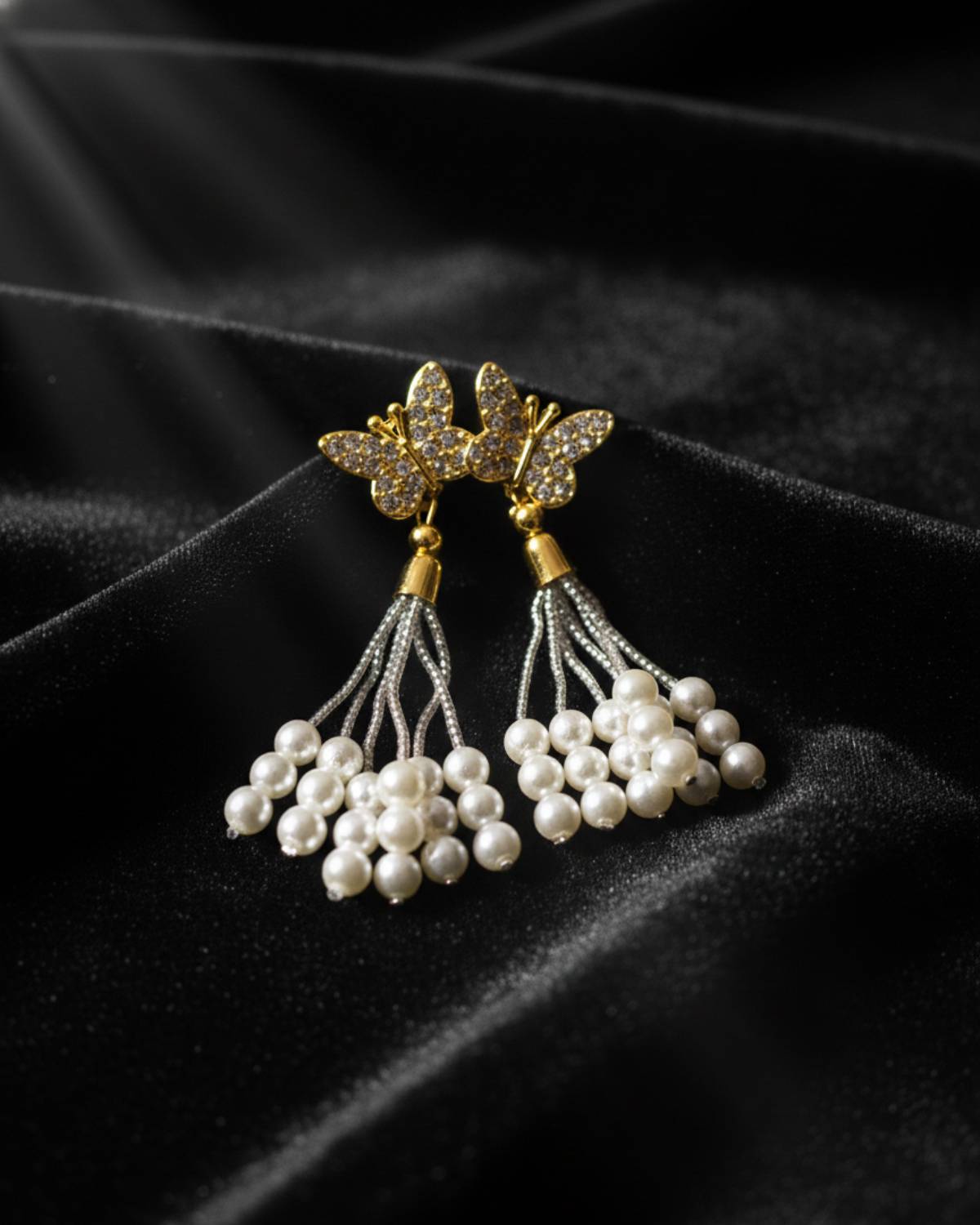 Crystal Butterfly Statement Earrings With Pearl Tassels image 3