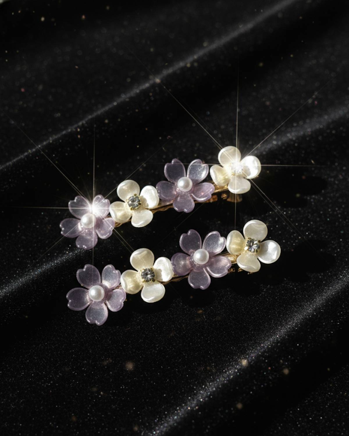 Elegant Floral Pearl And Crystal Hair Clips - Set Of 2 Lavender & White Resin Flower Barrettes For Women image 3