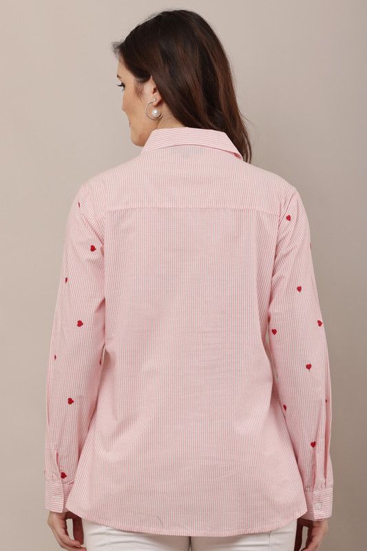 Pink Stripe Heart Embroidered Shirt