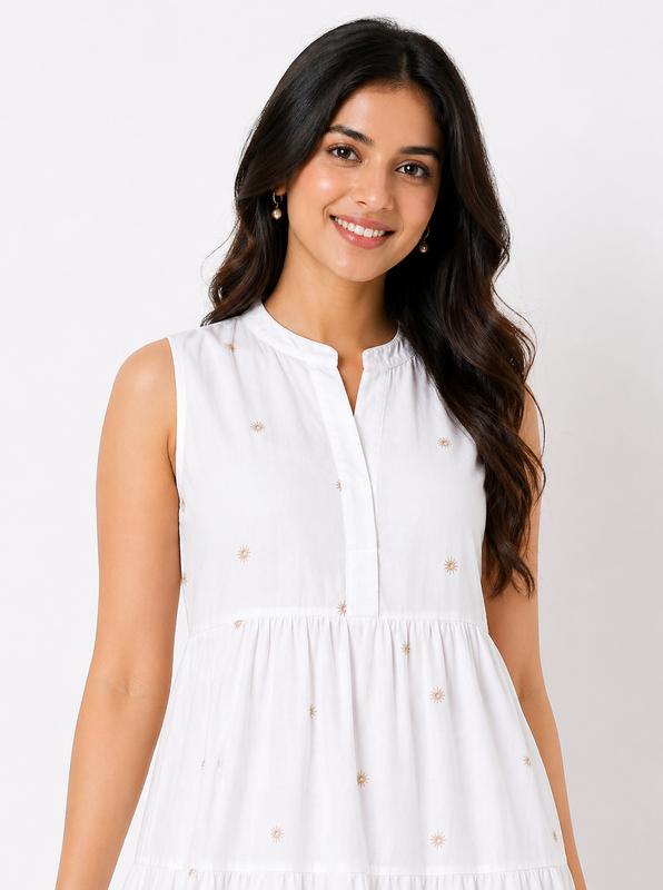 Beige Schiffli Short Dress